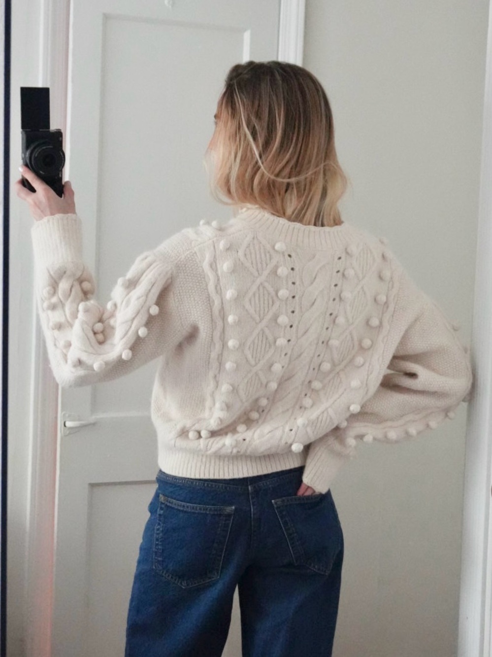 & Other Stories Cream Cable-Knit Pom-Pom Crew Sweater Size Medium - Picture 5 of 10